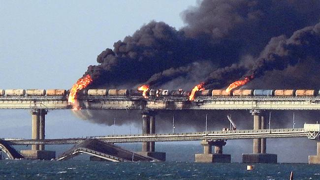 Smoke billows from a fire on the Kerch bridge following a truck explosion. Picture: AFP