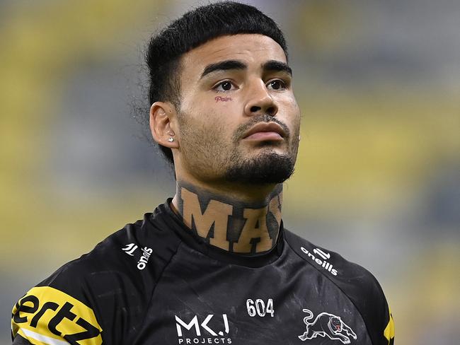 TOWNSVILLE, AUSTRALIA - APRIL 27: Taylan May of the Panthers looks on before the start of the round eight NRL match between North Queensland Cowboys and Penrith Panthers at Qld Country Bank Stadium, on April 27, 2024, in Townsville, Australia. (Photo by Ian Hitchcock/Getty Images)