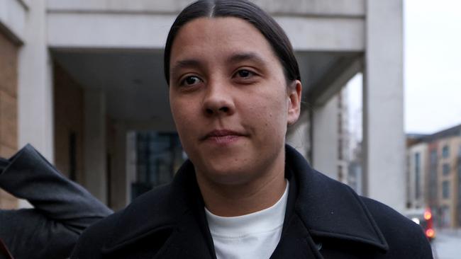 KINGSTON UPON THAMES, ENGLAND - JANUARY 14: Australian football star Sam Kerr departs Kingston Crown Court after a pre-trial hearing on January 14, 2025 in Kingston upon Thames, England. The Matildas star, who also plays professionally for Chelsea in the Women's Super League, is facing charges of "racially aggravated harassment" of a police officer related to an incident in Twickenham on January 30, 2023. The long delayed trial is scheduled to start next month. (Photo by Dan Kitwood/Getty Images)