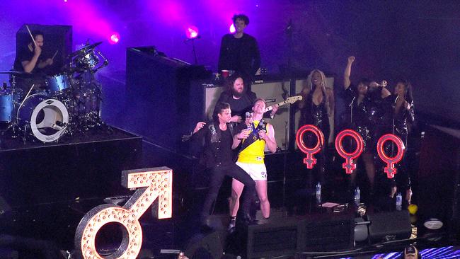 Riewoldt famously danced on stage with The Killers after the Tigers’ drought-breaking 2017 premiership win. Picture: Nicole Garmston