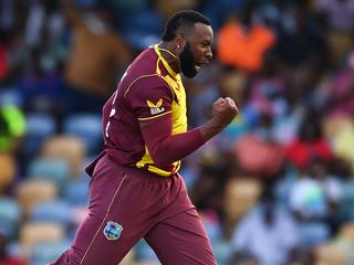 BRIDGETOWN, BARBADOS - JANUARY 29: Kieron Pollard of West Indies celebrates the wicket of Jason Roy of England during the T20 International Series Fourth T20I match between West Indies and England at Kensington Oval on January 29, 2022 in Bridgetown, Barbados. (Photo by Gareth Copley/Getty Images)