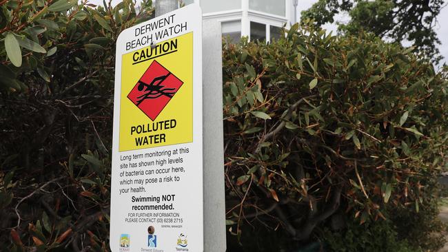 Warning sign not to swim at Nutgrove Beach in Sandy Bay. Picture: LUKE BOWDEN