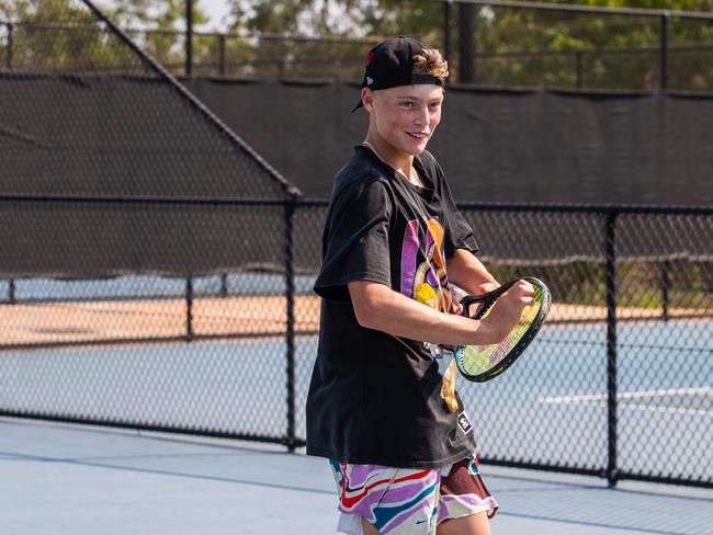 Cruz Hewitt warming up before his second round qualifier of the 2023 Darwin International Pro Tour, at the Darwin International Tennis Centre, Darwin. Picture: Pema Tamang Pakhrin