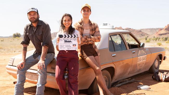 Filmmaker Dylan River with actors Sherry-Lee Watson (Heartbreak High) and Will McDonald (Young Rock) for new Stan Original series Thou Shalt Not Steal. Picture: Supplied.