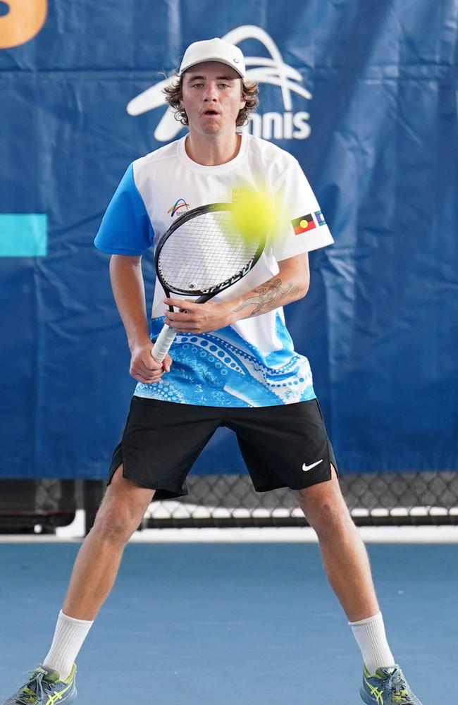 Charlie Pade in the U18 Boys Singles Final at the Darwin International Tennis Centre for the National Indigenous Tennis Carnival. Picture: Scott Barbour / Tennis Australia