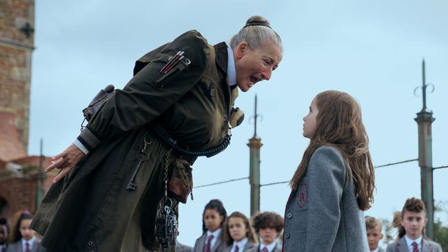 Roald Dahl's Matilda the Musical stars Emma Thompson as Agatha Trunchbull and Alisha Weir as Matilda. Picture: Supplied