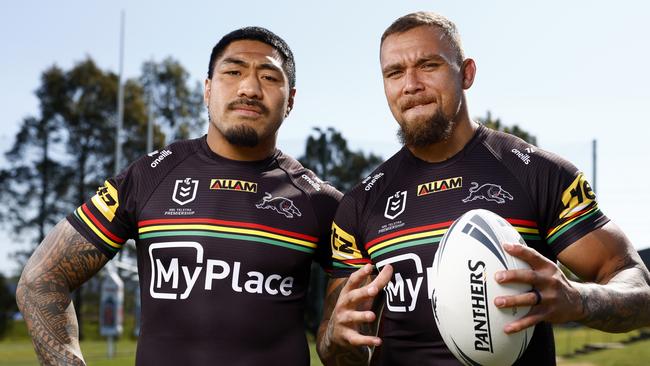 DAILY TELEGRAPH SEPTEMBER 23, 2024. Panthers players James Fisher-Harris and Moses Leota at the Panthers Rugby League Academy. Picture: Jonathan Ng