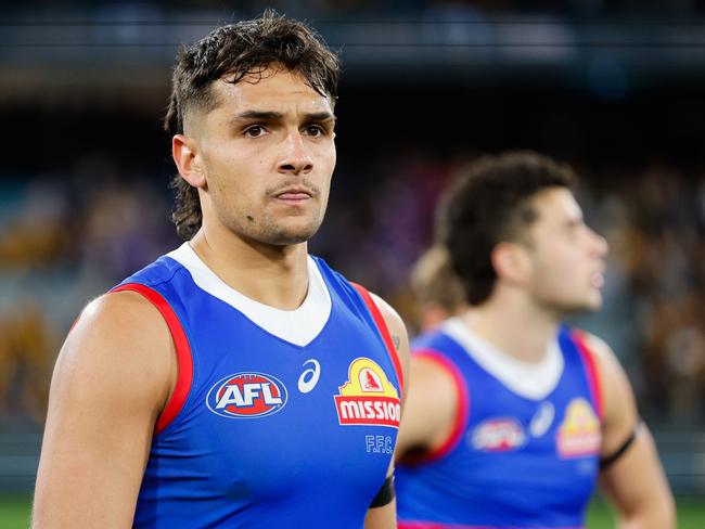 MELBOURNE, AUSTRALIA - SEPTEMBER 06: Jamarra Ugle-Hagan of the Bulldogs looks dejected after a loss during the 2024 AFL Second Elimination Final match between the Western Bulldogs and the Hawthorn Hawks at The Melbourne Cricket Ground on September 06, 2024 in Melbourne, Australia. (Photo by Dylan Burns/AFL Photos via Getty Images)