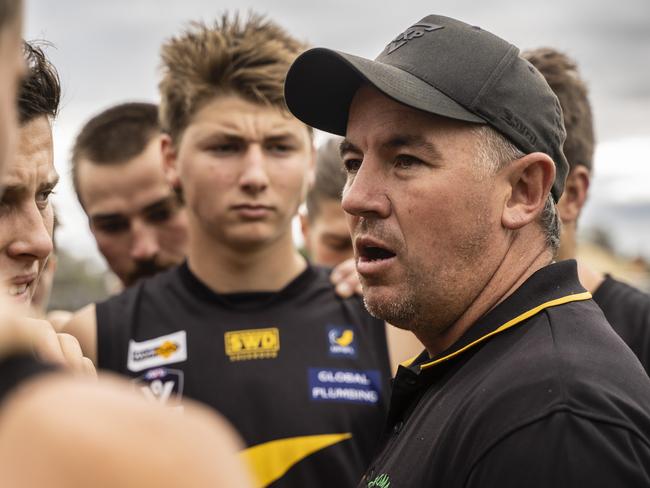 MPNFL football Division 1 - Bonbeach v Dromana. Dromana coach addressing players. Picture: Valeriu Campan