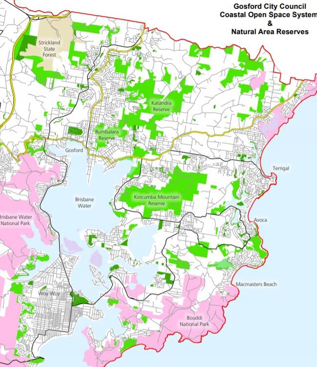 Map showing location of Central Coast Council Coastal Open Space land (in bright green).