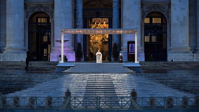 Pope Francis presides over a moment of prayer on the sagrato of St Peter’s Basilica. Picture: AFP