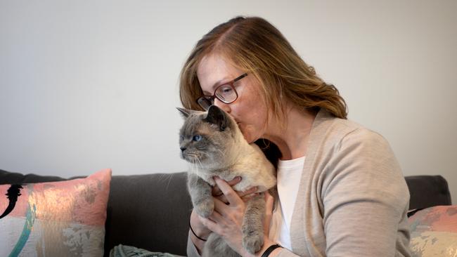 Jodie Lydeker of Williamstown with her cat Bella. Jodie has been inspired to take a new perspective and appreciation of life after a recent battle with breast cancer. Picture: Andrew Henshaw