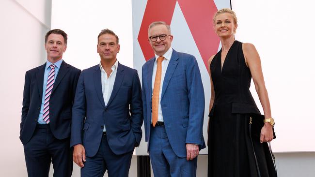 NSW Premier Chris Minns, Lachlan Murdoch, Anthony Albanese and Sarah Murdoch at the opening of Qtopia Sydney, in Darlinghurst on Friday. Picture: Justin Lloyd