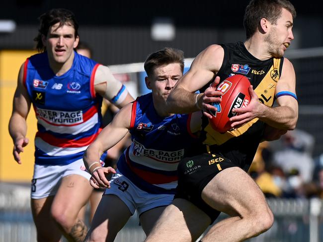 14/8/21 - SANFL game between Glenelg and Central District at Glenelg Oval. GlenelgÃs Chris Curran with the ball. Picture: Naomi Jellicoe