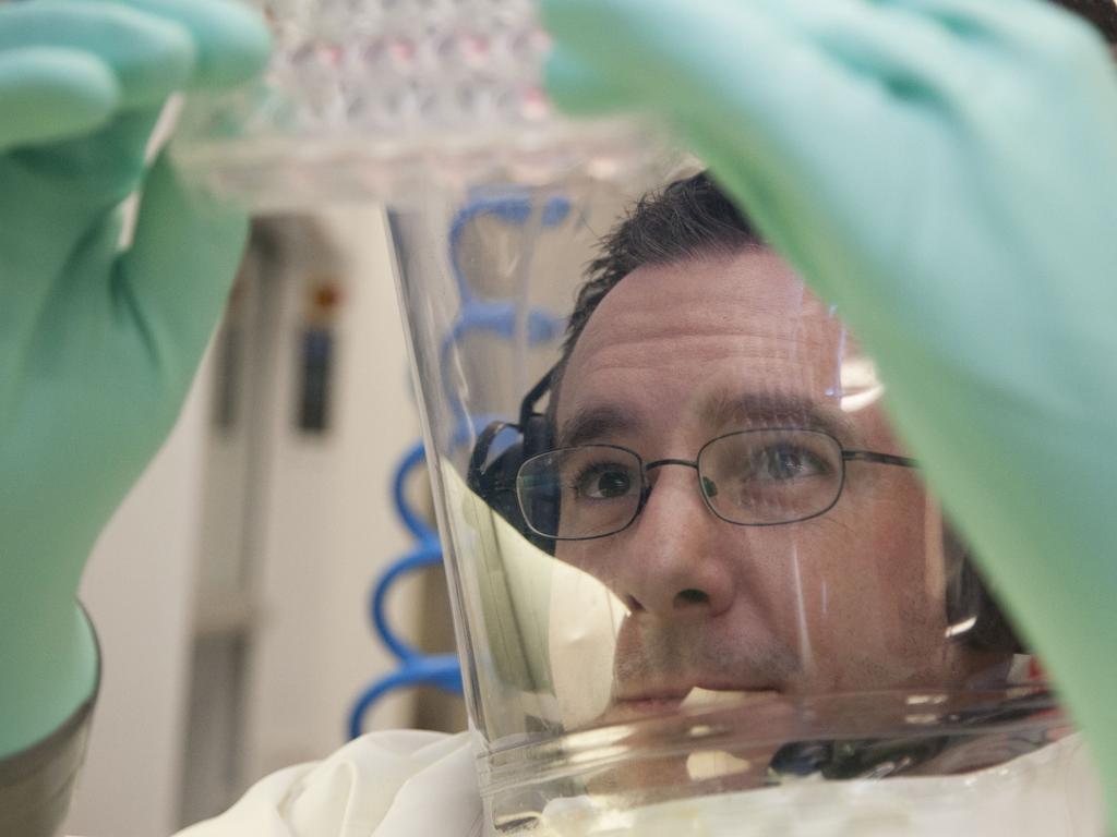 Scientists working in the secure area at CSIRO’s Australian Animal Health Laboratory.