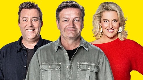 Triple M's Moonman in the Morning breakfast team Chris Page, Lawrence Mooney and Jess Eva.