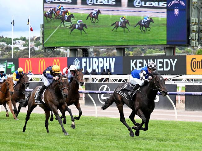 Gold Trip, ridden by Mark Zahra (R), heads to the finish line to win the Aus$8 million (6 million USD) Melbourne Cup horse race in Melbourne on November 1, 2022. (Photo by William WEST / AFP) / -- IMAGE RESTRICTED TO EDITORIAL USE - STRICTLY NO COMMERCIAL USE --