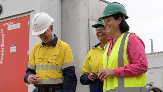 Hitachi Energy Country managing director Bernard Norton, Energy minister Selena Uibo and Chief Minister Natasha Fyles at Channel Island power station. Picture: (A)manda Parkinson