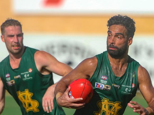 St Mary’s star defender Tylah Saunders looks for options during the elimination semi-final against Waratah at TIO Stadium. Picture: Glenn Campbell