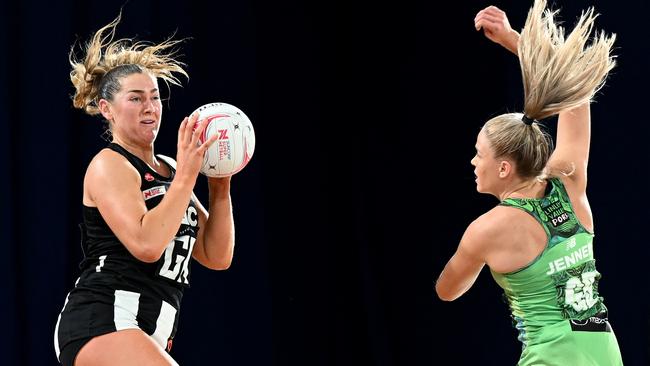 Sophie Garbin on her way to an MVP performance in Collingwood’s final Super Netball match against West Coast Fever on Saturday night. Picture: Getty Images