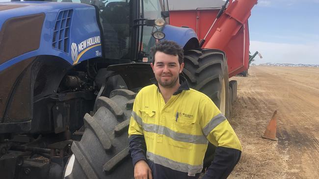 Josh Hine, 24, is assistant manager for Daybreak Cropping’s 6500-hectare aggregation at Ravensthorpe, growing wheat, barley, canola, field peas, lupins and fava beans.