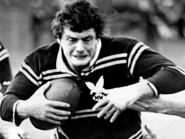 Phil Lowe (ball) during Wests v Manly first grade RL game at Lidcombe Ovalin Lidcombe, western Sydney, 07/07/1974.