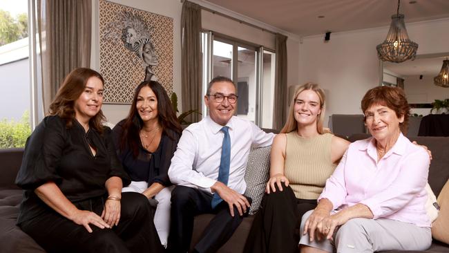 Premier Steven Marshall with his sisters Jenny Richardson, Kerrin Barreau, Georgie Marshall and mother Barbara Marshall. Picture: Kelly Barnes