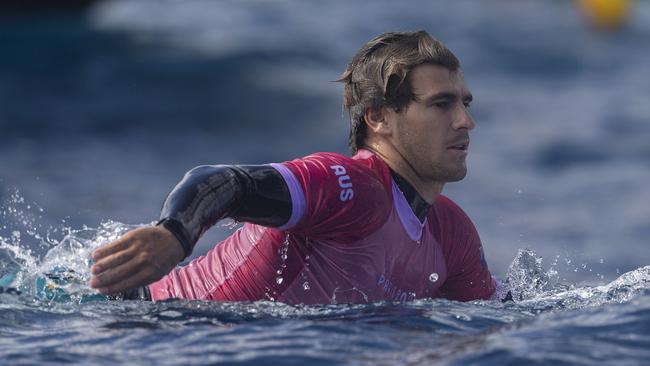 TEAHUPO'O, FRENCH POLYNESIA - AUGUST 01: Jack Robinson of Team Australia paddles during the quarterfinals of surfing on day six of the Olympic Games Paris 2024 on August 01, 2024 in Teahupo'o, French Polynesia. (Photo by Ed Sloane/Getty Images)