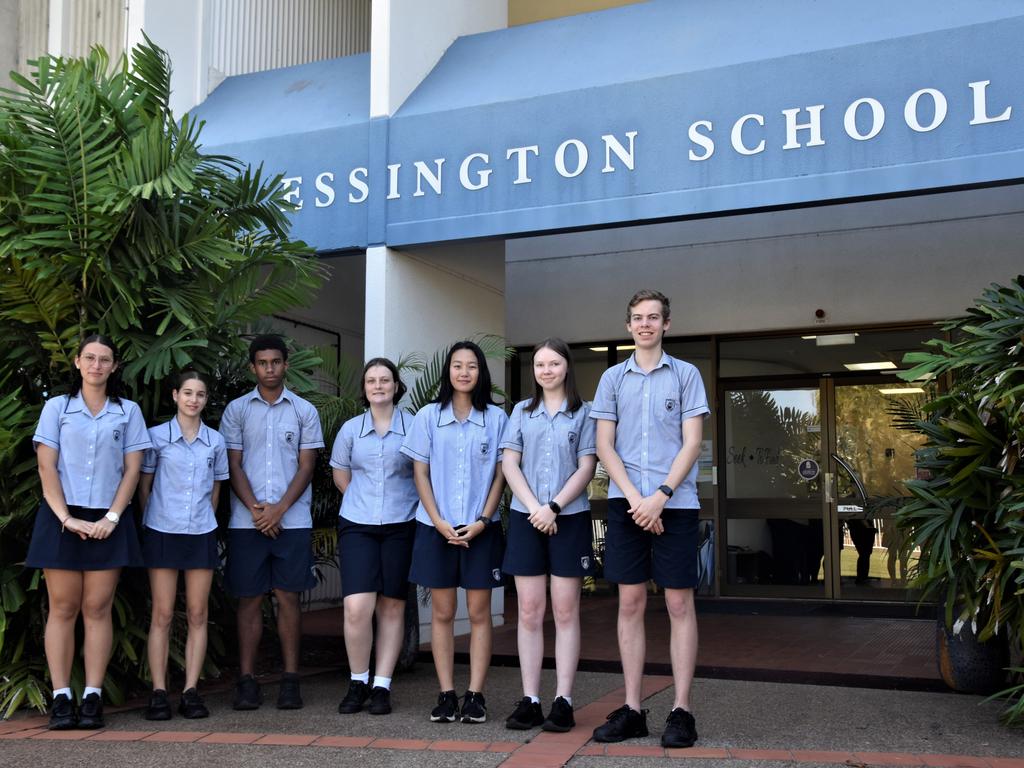 The Essington School students Athanasia Papandonakis, Gabriella Tsougranis, Tyson Crosley, Nicole Evans, Tian (Audrey) Ming, Charlotte Hatton, and Hunter Roomes are excited to move to the Rapid Creek campus. Picture: Sierra Haigh