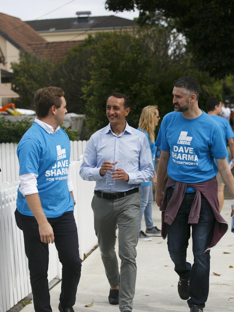 Liberal candidate Dave Sharma began his campaigning this morning at Rose Bay Public School, flanked by supporters. Photo: Tim Pascoe