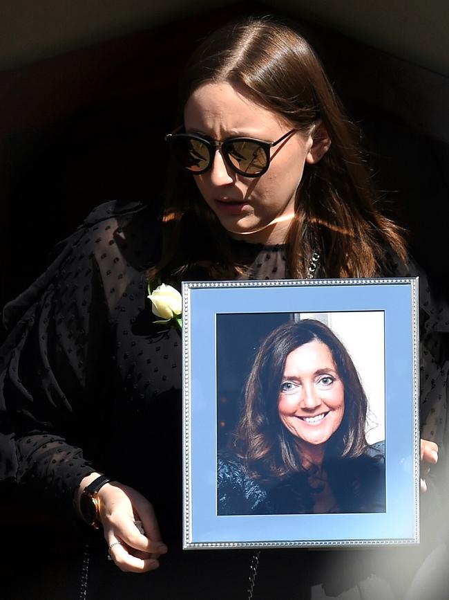 Sarah Ristevski leaves St Johns Uniting church, Essendon, after her mother’s funeral. Picture: Nicole Garmston