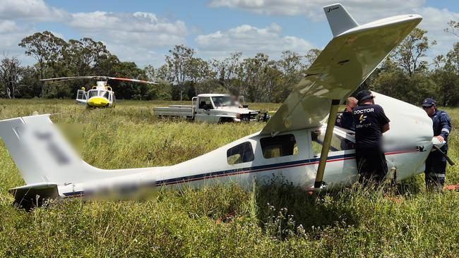 The Bundaberg-based LifeFlight aeromedical crew today airlifted a man to hospital following a light plane crash. Photos: LifeFlight