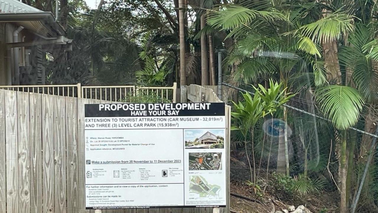 The sign advising of the initial public notification period for the proposed car museum at Warrack St, Mount Coolum. Picture: Supplied