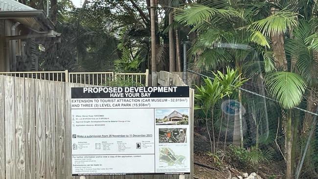 The sign advising of the initial public notification period for the proposed car museum at Warrack St, Mount Coolum. Picture: Supplied