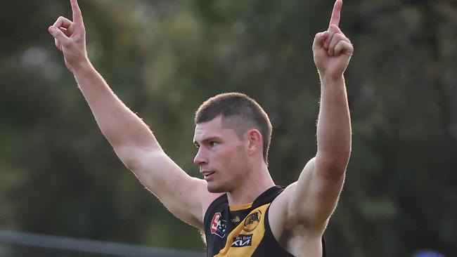 Glenelg’s Matthew Allen celebrates a goal against North Adelaide at Prospect Oval in Round 15. Picture: David Mariuz/SANFL