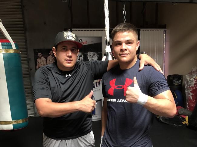 Saul Alvarez's trainer Eddy Reynoso with Aussie hopeful Bilal Akkawy.