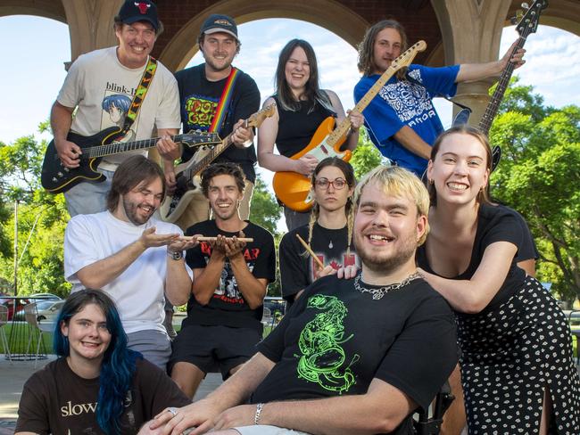 Sickest 100 band members and organisers at Adelaide Uni Bar L-R top Jamie Selway (Lickity Split),Daniel Ninnes (Weekend Rage),Bianca Hendy (Lickity Split),Seb Reyes (LOLA) ,Bottom -Max Bowen (LOLA),Georgie Evan's (Molly Rocket)Mitchell Steager(LOLA)Dan Steinert (Towns),organisers Ripley Hart and Millah Hansberry and Trae Freeman (Molly Rocket) .Tuesday,February,4,2025.Picture Mark Brake