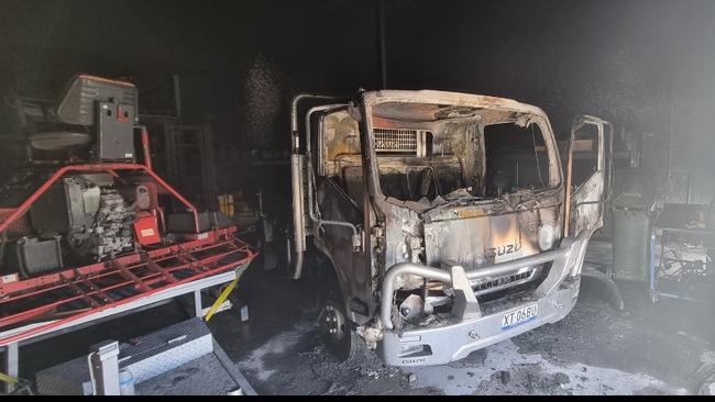 The Concrete Tas Pty Ltd Isuzu truck which was destroyed in a firebombing attack in December 2021. Picture: Supplied