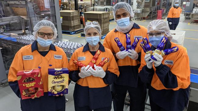 Cadbury Ringwood plant manager Dani Breidler and workers Esther Pezzimenti, Manula Ranasinghe and Bernadette McDougall are gearing up for a busy Easter period. Picture: Kiel Egging.