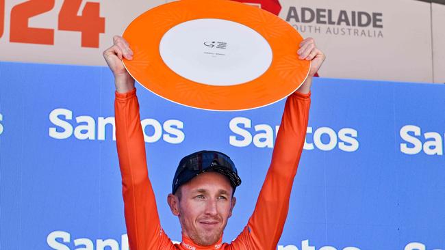 Last year’s race winner British rider Stephen Williams, the Israel Premier Tech team, celebrates on the podium after the final stage. Picture: Brenton Edwards/AFP