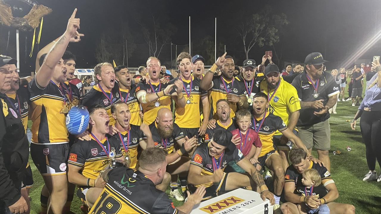 Gatton Hawks celebrate the 2024 Toowoomba Rugby League grand final win.