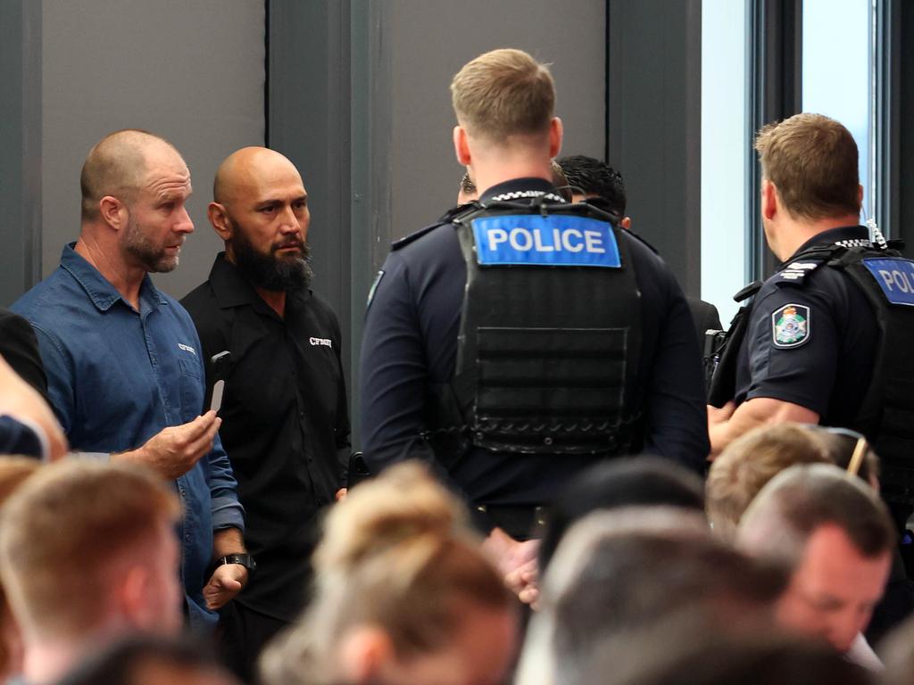 Two CFMEU members got removed by security and police after yelling out a question during the Queensland Major Contractors Association Breakfast in Brisbane. Picture: Tertius Pickard