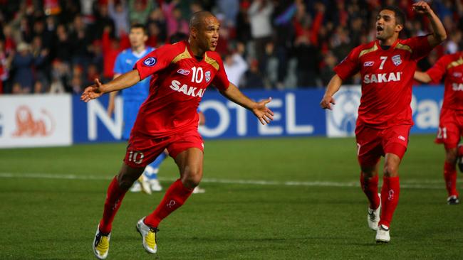 Cristiano celebrates scoring for Adelaide United during the 2008 AFC Champions League semi-final win over Bunyodkor at Hindmarsh Stadium.