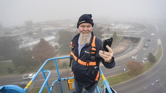 Newlands Group civil construction manager Grant Campbell participates in Hang Ya Boss Out To Dry for the Toowoomba Hospice, Friday, May 31, 2024. Picture: Kevin Farmer