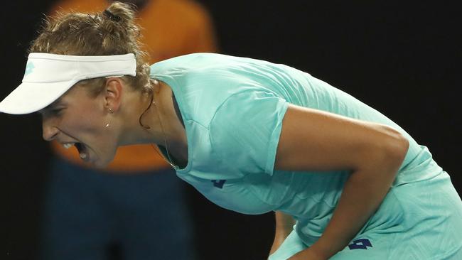 Elise Mertens celebrates her incredible win.