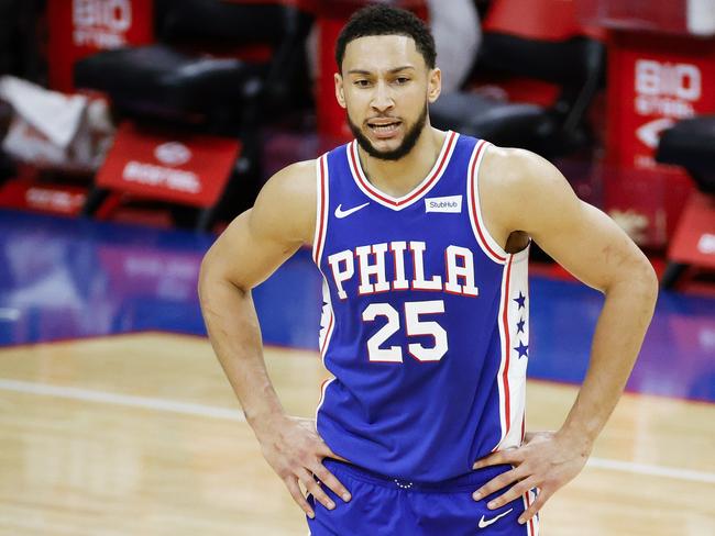 PHILADELPHIA, PENNSYLVANIA - MARCH 01: Ben Simmons #25 of the Philadelphia 76ers calls to teammates during the third quarter against the Indiana Pacers at Wells Fargo Center on March 01, 2021 in Philadelphia, Pennsylvania. NOTE TO USER: User expressly acknowledges and agrees that, by downloading and or using this photograph, User is consenting to the terms and conditions of the Getty Images License Agreement.   Tim Nwachukwu/Getty Images/AFP == FOR NEWSPAPERS, INTERNET, TELCOS & TELEVISION USE ONLY ==