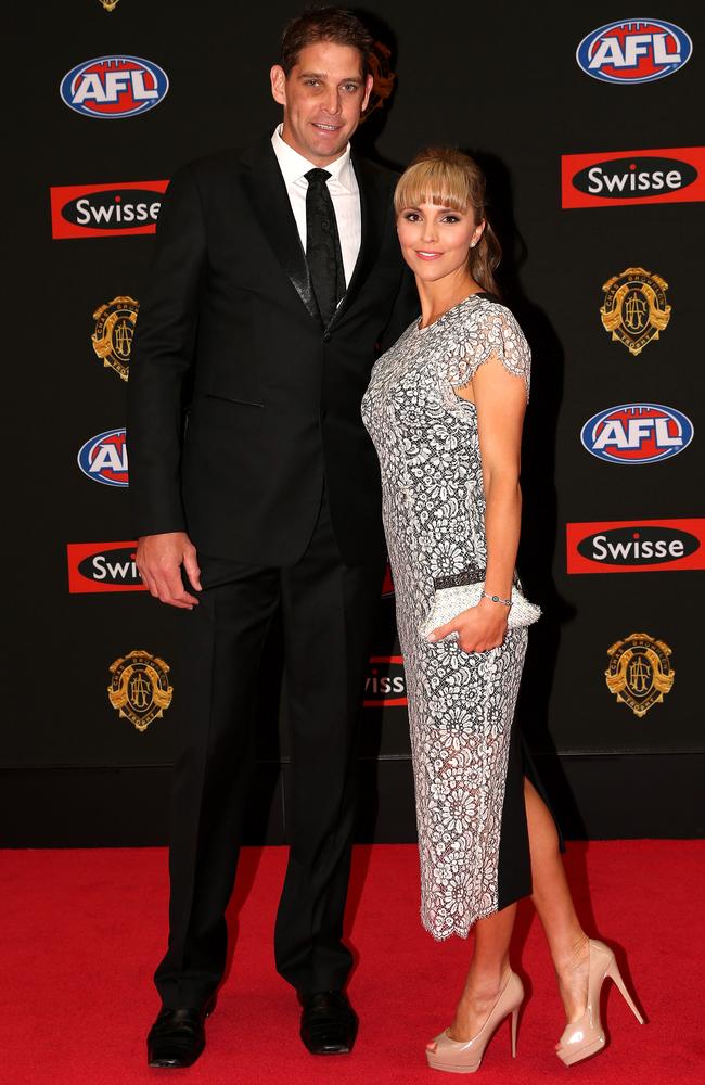 Aaron Sandilands of Fremantle and wife Jenny Sandilands arrive on the red carpet for the 2015 AFL Brownlow Medal presentation held at Crown Casino on Monday, September 28, 2015, in Melbourne, Victoria, Australia. Picture: Tim Carrafa