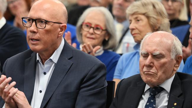 SYDNEY, AUSTRALIA - APRIL 27: Opposition Leader Peter Dutton and wife Kirilly (L) sit with Former Prime Minister John Howard (R)ÃÂ during a Liberal Party campaign launch in the seat of Mackellar on April 27, 2025 in Sydney, Australia. Australia will head to the polls on May 3, early voting for the 2025 Australian election has also been highly successful, with more than 524,000 people casting their ballots on the first day alone-breaking previous records. (Photo by Dan Peled/Getty Images)