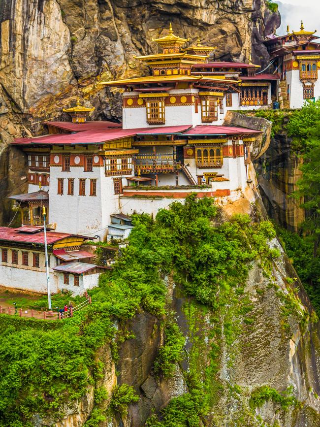 View of the Tiger's Nest monastery also known as the Paro Taktsang and the surrounding area in Bhutan.