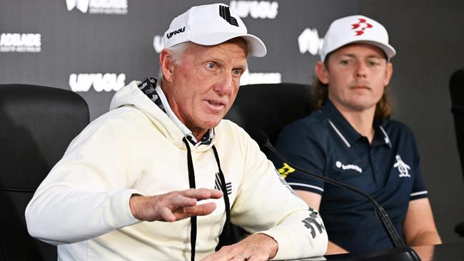 Adelaide, AUSTRALIA - APRIL 20: Greg Norman Commissioner and CEO of LIV Golf speaks during the press conference ahead of Liv Golf Adelaide at The Grange Golf Club on April 20, 2023 in Adelaide, Australia. (Photo by Mark Brake/Getty Images)